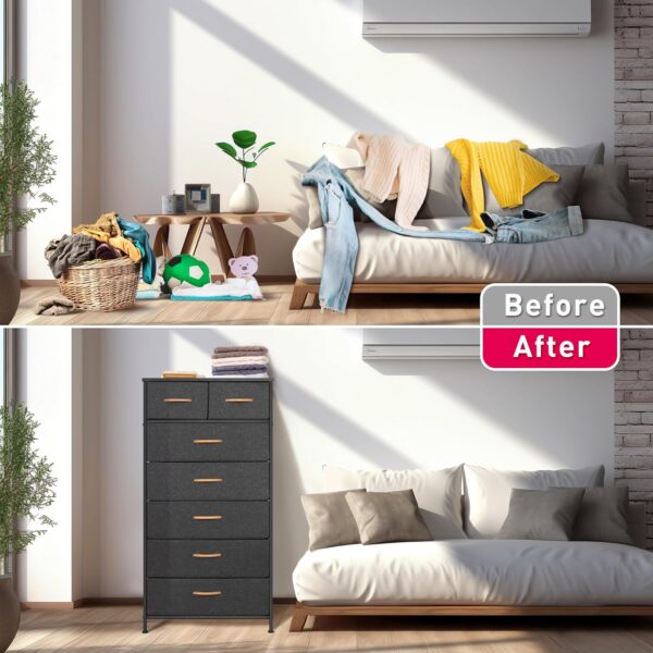 Tall Dresser for Bedroom, Vertical Storage Organizer Tower with 7 Drawers, Chest of Drawers with Fabric Bins, Steel Frame, Wood Top for Bedroom, Closet, Entryway- Grey - Image 6