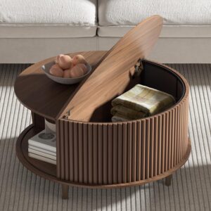 Round Coffee Table with Storage,Mid Century Modern Coffee Table with Sliding Cabinet Door,Coffee Table for Living Room,31.5" Small Center Table (Walnut)