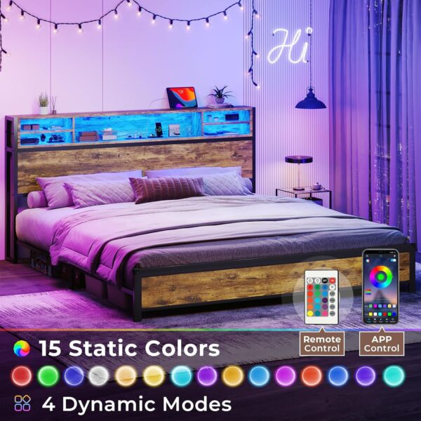 King Size Bed Frame with Storage Headboard, King Bed Frame with USB Ports & Charging Outlets, Upgraded 2-Row Support Bars, No Box Spring Needed, Vintage Brown&Black - Image 6