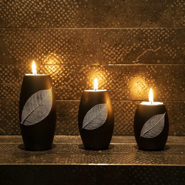 IYARA CRAFT Tealight Candle Holders with Candle Tray Set of 3 Decorative Candle Holders Matte Wood Finish with Dry Leaf Decoration - Image 5