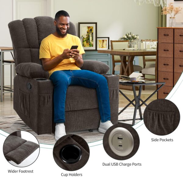 YITAHOME Glider Rocker Recliner Chair with Massage and Heat, Fabric Recliner Chair,Manual Rocking Recliner Chair with 2 Cup Holders, USB Charge Port and Side Pocket,Brown - Image 7