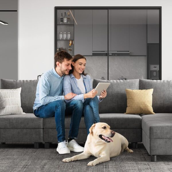 Apicizon 103'' Sectional Sleeper Sofa, 6 Seats Modular Convertible Sectional Couch with Storage, Modern Comfy Chenille Sleeper Sofa Bed with Charging Station for Living Room, Office, Light Gray - Image 6