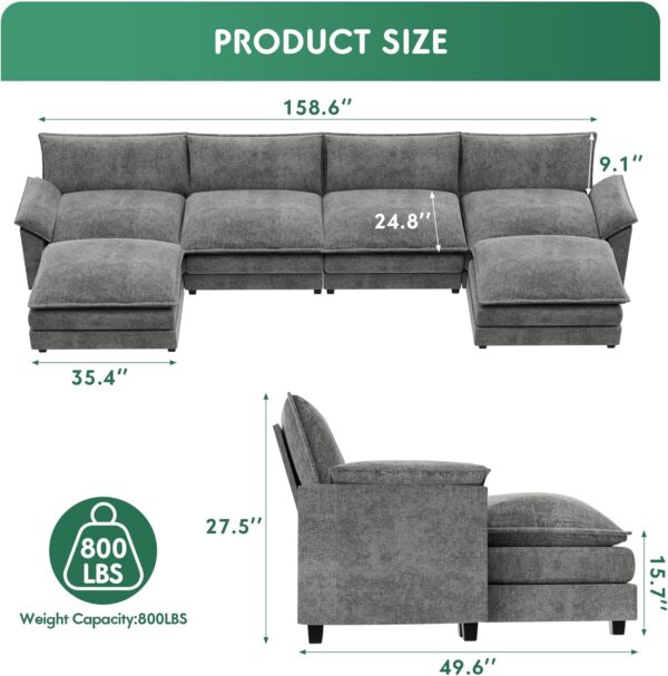 YESHOMY Sectional Modular Sofa U Shaped Chenille Fabric Couch with High Supportive & Soft Sponges and Removable Ottoman, Sleeper Comfy Upholstered Furniture for Living Room, Grey - Image 2
