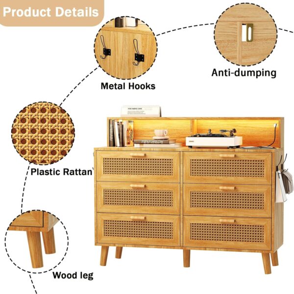 Dresser for Bedroom, 6 Drawer Boho Dresser with LED Light, Rattan Chest of Dressers, Modern Wood Dresser Chest, BesideTable for closet,Storage Organizer Cabinet for Hallway Entryway LivingRoom Natural - Image 7
