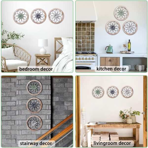 Paquesta 3 Piece Round Farmhouse Wall Decor with 6 Piece Interchangeable Flowers 12'' Medallion Wood & Metal Rustic Wall Art for Living Room Bedroom Kitchen Bathroom Dining Room Home Decorations - Image 5