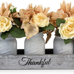 Besuerte Farmhouse Centerpieces for Tables - Mason Jar Centerpieces for dining table, Coffee Table Centerpieces for Living room with 3 White Mason Jars, Dining Table Decor