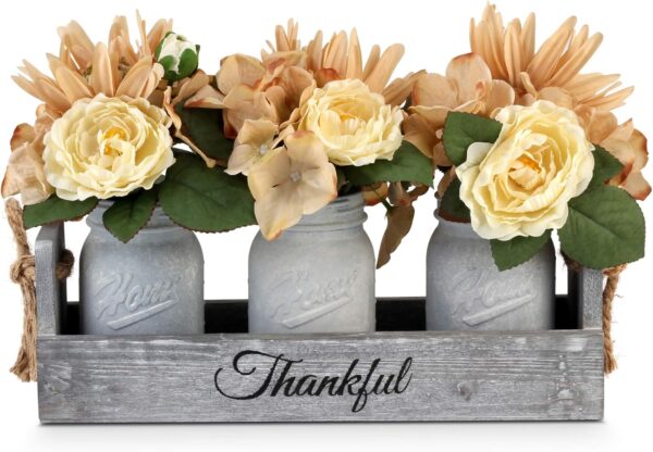 Besuerte Farmhouse Centerpieces for Tables - Mason Jar Centerpieces for dining table, Coffee Table Centerpieces for Living room with 3 White Mason Jars, Dining Table Decor