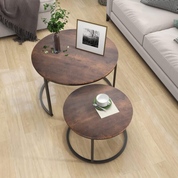 HOJINLINERO Industrial Round Coffee Table Set of 2 End Table for Living Room,Stacking Side Tables, Sturdy and Easy Assembly,Wood Look Accent Furniture with Metal Frame,Black+Rustic Brown - Image 3