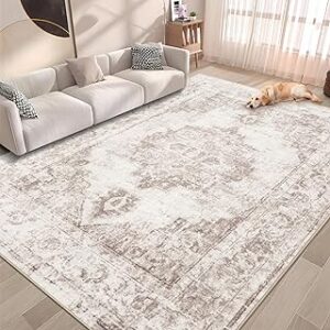 Area Rug 6x9 Vintage Rug: Washable Indoor Medallion Rug Low Pile Distressed Floor Carpet Retro Accent Rug for Living Room Bedroom Kitchen Dining Table Home Office(Beige, 6'x9')
