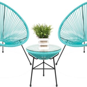 Best Choice Products 3-Piece Outdoor Acapulco All-Weather Patio Conversation Bistro Set w/Plastic Rope, Glass Top Table and 2 Chairs - Light Blue