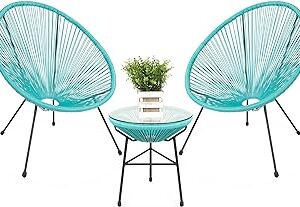 Best Choice Products 3-Piece Outdoor Acapulco All-Weather Patio Conversation Bistro Set w/Plastic Rope, Glass Top Table and 2 Chairs - Light Blue