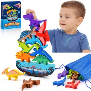 Dinosaur Toys for Kids 3-5: Wooden Stacking Montessori Toys for 3 4 5 6 7 8 Year Old Boys Girls Balance Competition Game for Family Halloween Birthday Gifts for Kids Ages 4-8 (Classic Version)