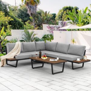 EROMMY 4 Pieces Outdoor Sectional Sofa Set with Coffee Table, 91''×91'' Extra Large L-Shaped Metal Conversation Set with All-Weather Cushion and Built-in Side Table for Patio, Garden, Backyard, Gray