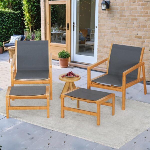 Greesum 4 Piece Furniture Outdoor Acacia Wood Chair with Ottoman for Porch, Balcony, Deck, Patio, Backyard, Gray - Image 2