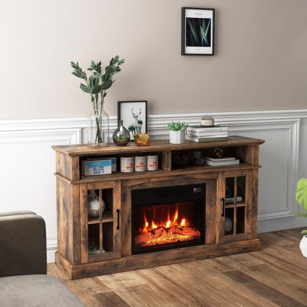 COSTWAY Electric Fireplace TV Stand for TVs Up to 65 Inches, 1400W Heater Insert with Remote Control, 6H Timer, 3-Level Flame, Overheat Protection and CSA Certification, Adjustable Shelves, Brown - Image 2
