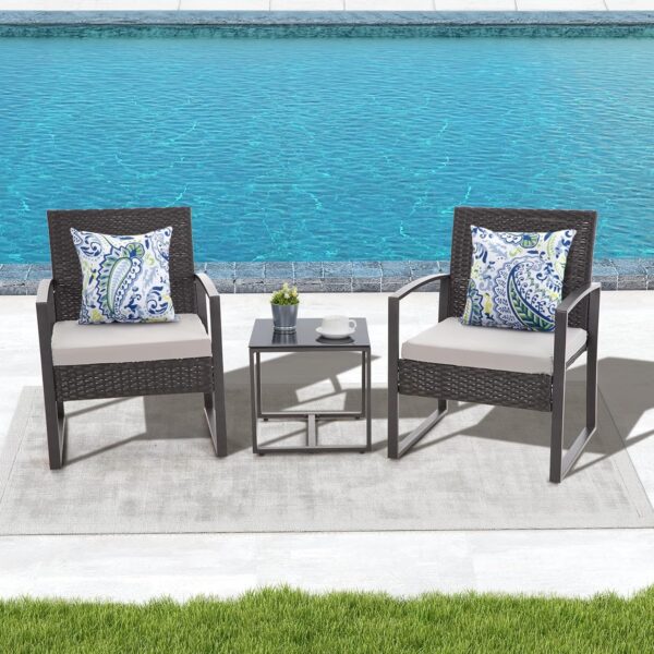 HYDRAGARDEN 3PCS Patio Furniture Set, Outdoor Wicker Bistro Conversation Set with Padded Cushions & Glass Table, Garden Rattan Chair Set for Porch Balcony Backyard (Plus Black Wicker & Grey Cushions) - Image 2