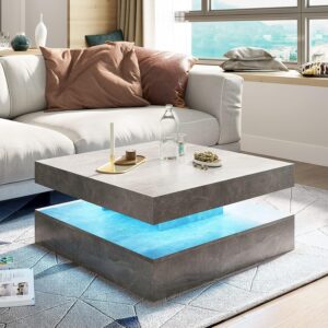 LED Coffee Table for Living Room, 31inch Wooden Square 2-Tier Modern Middle Center Table, Coffee Table with 16-Color Plug-in LED Light, Cocktail Tea Table for Home Office Reception Room