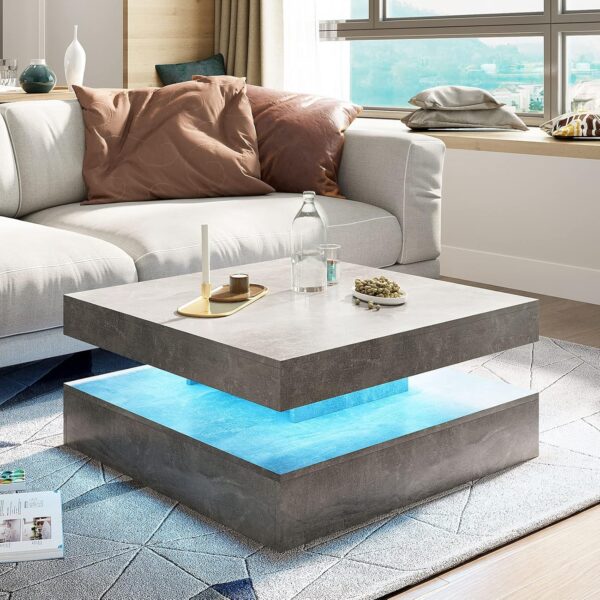 LED Coffee Table for Living Room, 31inch Wooden Square 2-Tier Modern Middle Center Table, Coffee Table with 16-Color Plug-in LED Light, Cocktail Tea Table for Home Office Reception Room