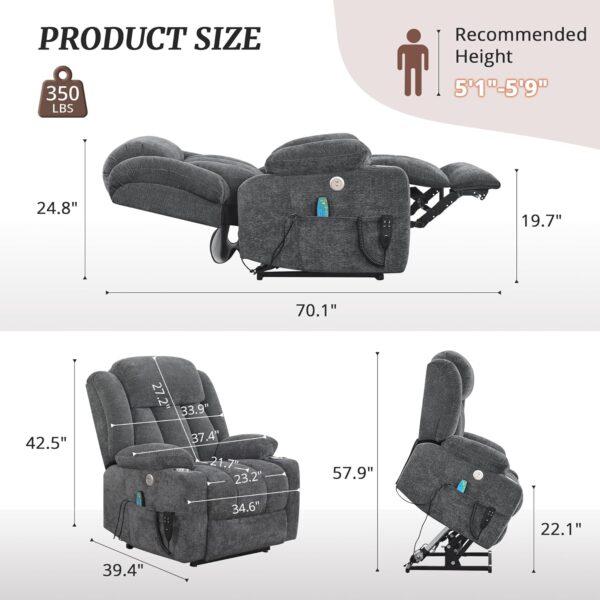 Oversized Power Lift Recliner Chair for Adults, Dual Motor Recliner Chair for Elderly, Lazyboy Recliner Chair with Heat and Massage, Infinite Position, USB Port, Side Pockets, Linen, Dark Gray - Image 2