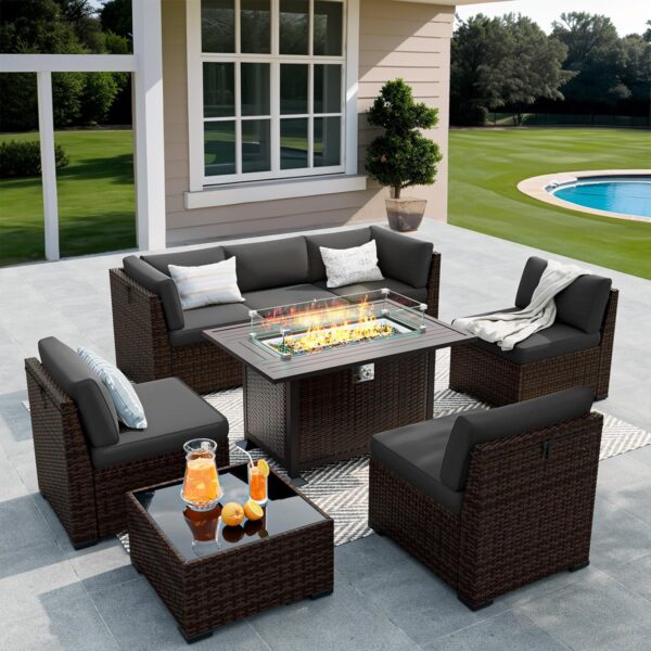 8 Pieces Outdoor Patio Furniture Set with 44" Fire Pit Table Rattan Sectional Conversation Sets w/Gas Fire Pit, Coffee Table, 2 Waterproof Covers, Dark Grey - Image 2