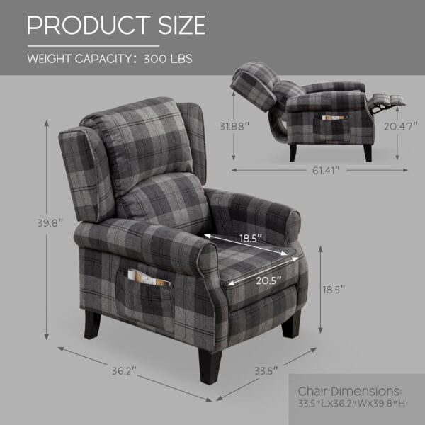 Wingback Pushback Recliner Chair - Manual Adjustable Adults Reclining Linen Single Lazy Boy Accent Sofa for Living Room Small Spaces Indoor Home Grey Plaid Armchair - Image 5