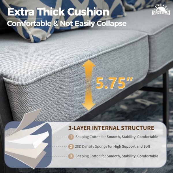 7 Piece Metal Outdoor Patio Furniture Set, Patio Conversation Sets 3-seater Sofa, 2 Rocking Chair, 2 Ottomans with 5.75" Thick Cushion, Black All-weather Frame Backyard Furniture, Gray - Image 3