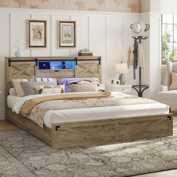 Hasuit Farmhouse Bed Frame California King Size with LED Lights and Charging Station, Wooden Cal King Bed with 2 Storage Drawers, Rustic Headboard with Sliding Barn Door Storage Cabinets, Rustic Oak - Image 7
