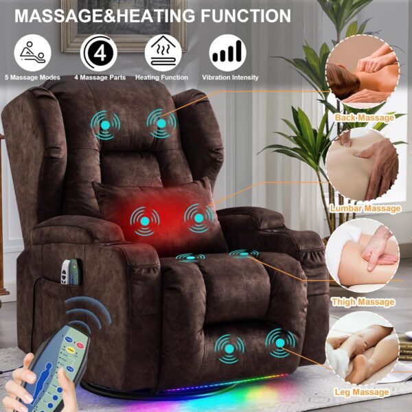 Power Recliner Chair, Velvet Fabric Swivel Rocking Chair with Vibrating Massage and Heating Nursery Glider Chair for Living Room, Home Theater Seating with Ambient Lighting(Single, Brown) - Image 5