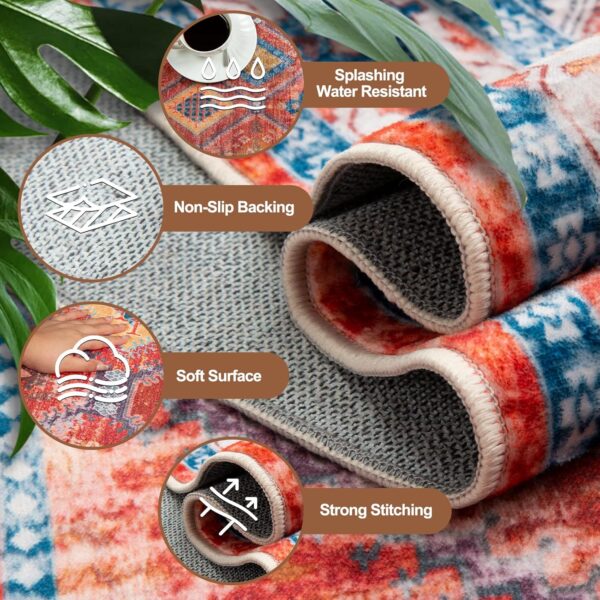 Area Rug 8x10 Bohemian Area Rugs Stain Resistant Print Washable Boho Rug Vintage Distressed Carpet Rugs Non Slip Low Pile Water Repellent for Living Room Bedroom Red/Orange/Blue - Image 4