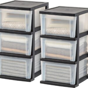IRIS USA 3-Drawer Plastic Storage Dresser, 2-Pack, Standing Organizer Storage Container Bin with Drawers for Clothes Crafts Classroom Bedroom Dorm, Black/Clear