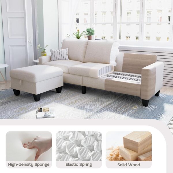 78'' Convertible Sectional Sofa Couch, Beige 3 Seat L-Shaped Couch with Storage Ottoman, Modern Linen Fabric Couches for Living Room, Apartment, Office, Small Space - Image 3