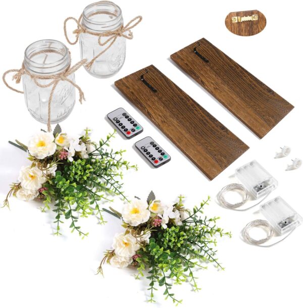 Rustic Wall Sconces Mason Jar Sconces Handmade Wall Art Hanging Design with Remote Control LED Fairy Lights and White Peony,Christmas Decor Gift Farmhouse Wall Home Decor Living Room Lights Set of Two - Image 7