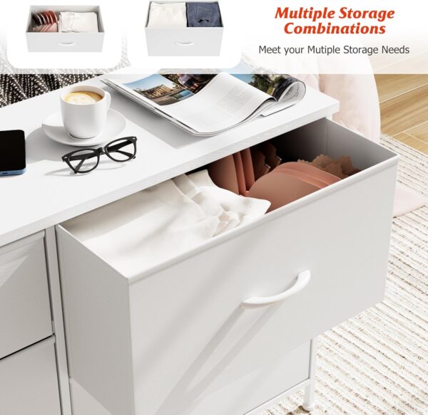 Nicehill White Dresser for Bedroom with 5 Drawers, Small Dresser for Kids' Bedroom, Closet, Wide Chest of Drawers with Fabric Storage Drawers, Wooden Top, Steel Frame, Modern, White - Image 7