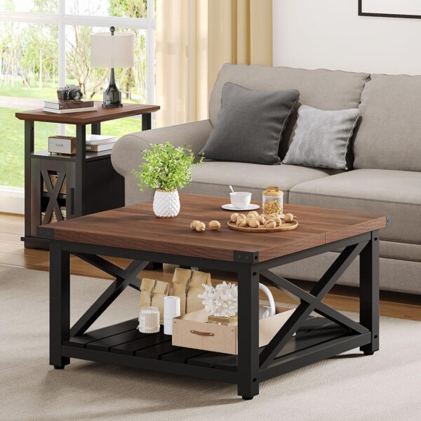 YITAHOME Farmhouse Coffee Table,Square Coffee Table for Living Room, Vintage Living Room Table with Shelf, Coffee Table with Storage,Brown - Image 3
