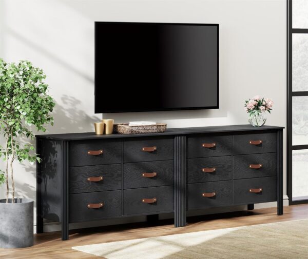WAMPAT Black Dresser for Bedroom, Long Wide Dresser with 12 Drawers, Kids Dressers & Chests of Drawers, Set of 2 Classic Wooden Storage Cabinet Organizer for Closet, Living Room, Hallway - Image 3