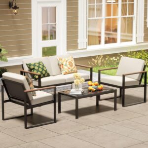 NATURAL EXPRESSIONS 4 Pieces Patio Furniture Sets,Metal Outdoor Patio Furniture Sets,Outdoor Sectional Furniture Patio Conversation Set,Wooden Anti-Scald Armrest,Sling Mesh,4" Olefin Cushions
