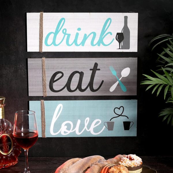 Jetec 3 Pcs Farmhouse Kitchen Wall Decor Eat Sign Rustic Wooden Kitchen Sign Wood Home Sign Eat Drink Love Sign with Hanging Hole for Home Kitchen Dining Living Room Bar Cafe Decor (Fresh Color) - Image 7