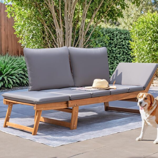 Devoko Outdoor Couch Acacia Wood Patio Couch with Adjustable Armrests,Outdoor Convertible Sofa with Removable Cushions&Pillows for Patio, Porch, Poolside(Grey) - Image 7