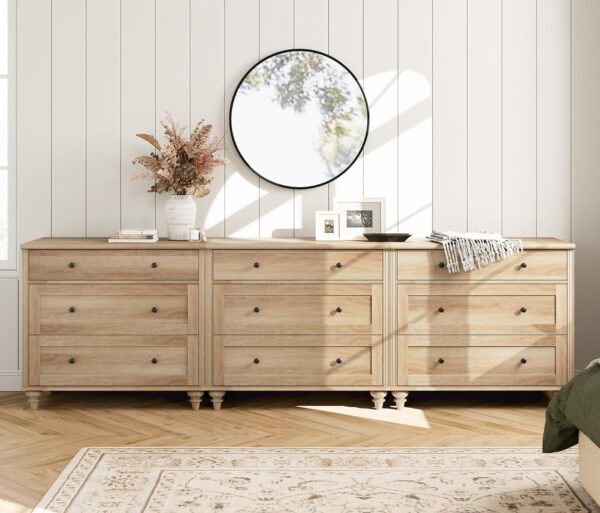 WAMPAT Dresser for Bedroom with 9 Drawers, Oak Kids Dressers with Wide Chest of Drawers, Mid Century Modern Wooden Closet Storage Organizer, Large Wood Dressers for Living Room, Nursery, Hallway - Image 3