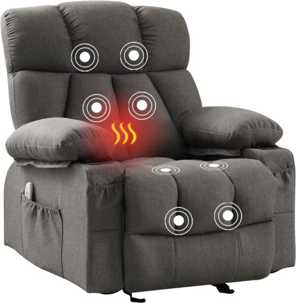 Massage Rocker Recliner Chair with Heat and Vibration Ergonomic Rocking Lounge Chair for Living Room Comfy Overstuffed Recliner with 4 Side Pockets,2 Cup Holders, USB Charge Port, Grey
