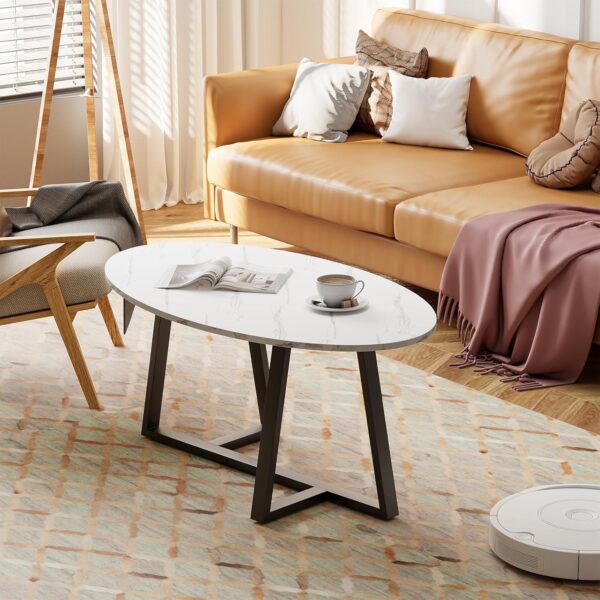 Coffee Table White Faux Marble Coffee Table for Living Room,Oval Modern Center Table Tea Table for Small Space,Wooden Living Room Tables End Table with Sturdy Black Metal Leg - Image 4