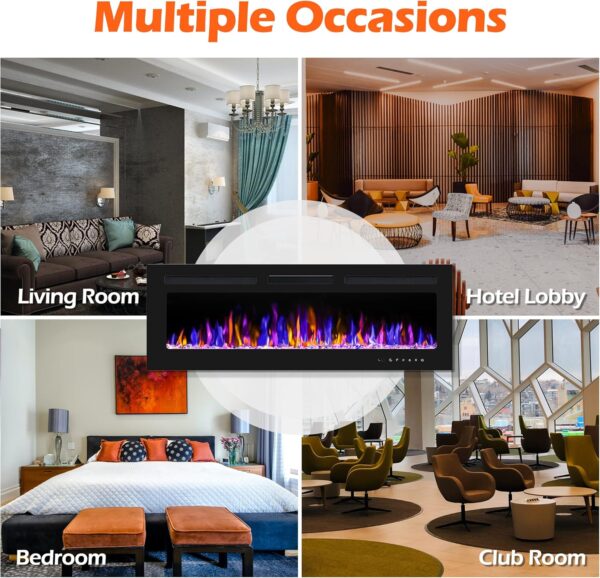 50" Electric Fireplace Wall Mounted and Recessed with Remote Control, 750/1500W Ultra-Thin Wall Fireplace Heater W/Timer Adjustable Flame Color and Brightness, Log Set & Crystal Options - Image 7