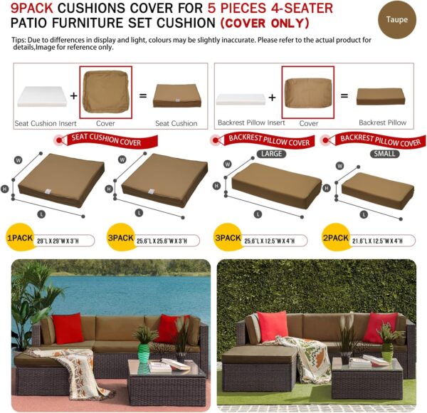 9 Pack Patio Cushion Covers Set Outdoor Furniture Cushion and Pillow Cover Replacement Fit for 5 Pieces 4-Seater Wicker Rattan Patio Sectional Sofa Chair Couch Set,Taupe-Cover Only (Large) - Image 3