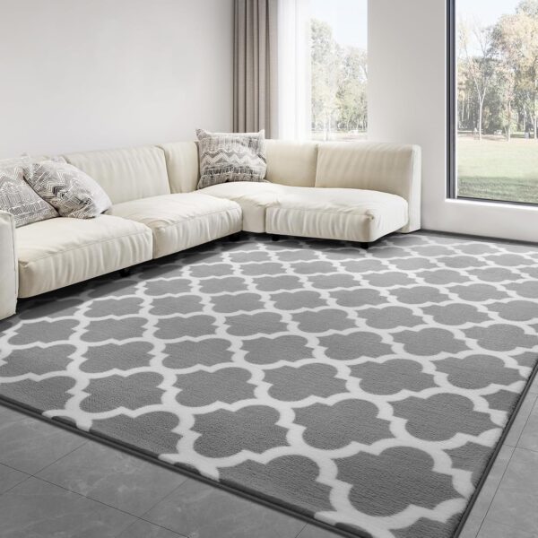 Large Geometric Modern Area Rug for Living Room Bedroom, 5x8 ft Plush Moroccan Bedroom Rugs Kids Rugs for Playroom Soft Throw Carpets for Office Dining Room Decor, Light Grey & White - Image 3