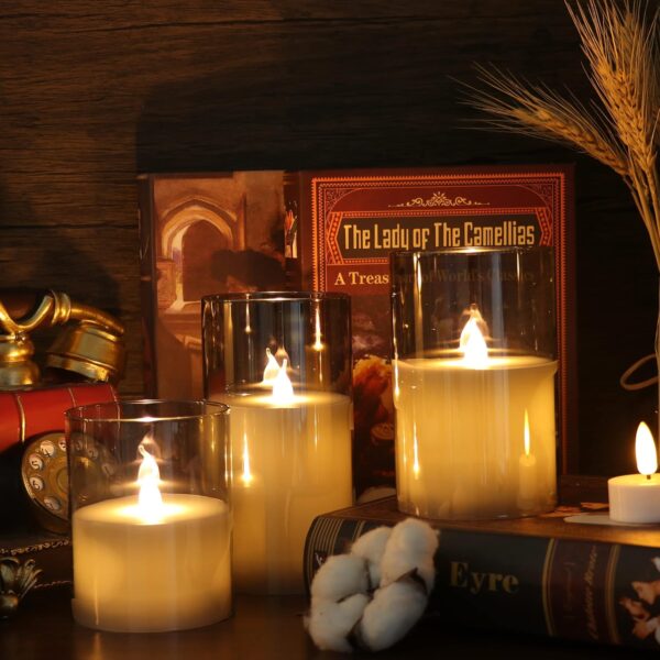 GenSwin Gray Glass Battery Operated Flameless Led Candles with 10-Key Remote and Timer, Real Wax Candles Warm White Flickering Light for Home Decoration(Set of 3) - Image 6