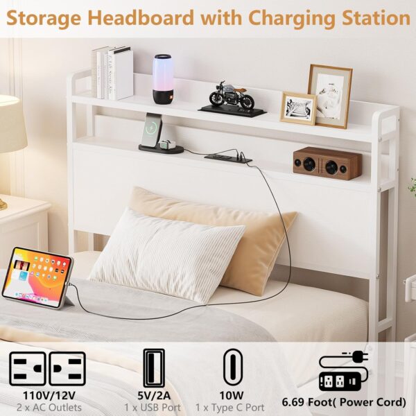 Elephance Twin Bed Frames with Charging Station and Storage Headboard, No Box Spring Needed, Noise Free, Easy Assembly - Image 5