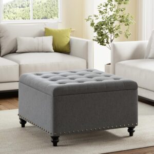 HUIMO Square Storage Ottoman,Ottoman Coffee Table with Storage,Oversized Ottoman,Tufted Ottoman for Living Room (Grey)