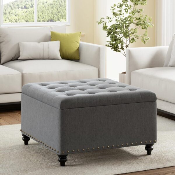 HUIMO Square Storage Ottoman,Ottoman Coffee Table with Storage,Oversized Ottoman,Tufted Ottoman for Living Room (Grey)