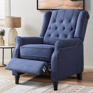 Bonzy Home Living Room Chair, Push Back Recliner Chair, Mid Century Modern Wingback Chair, Comfy Fabric Arm Chair with Rivet Decoration, Button-Tufted Back, Solid Wood Legs, Blue