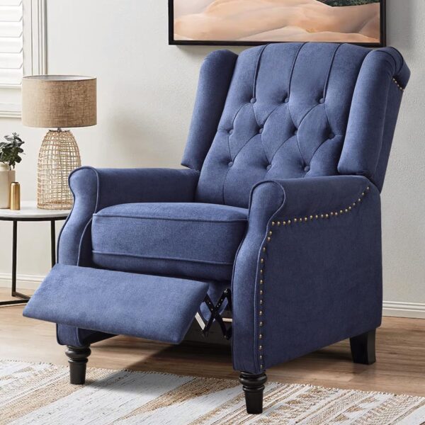 Bonzy Home Living Room Chair, Push Back Recliner Chair, Mid Century Modern Wingback Chair, Comfy Fabric Arm Chair with Rivet Decoration, Button-Tufted Back, Solid Wood Legs, Blue
